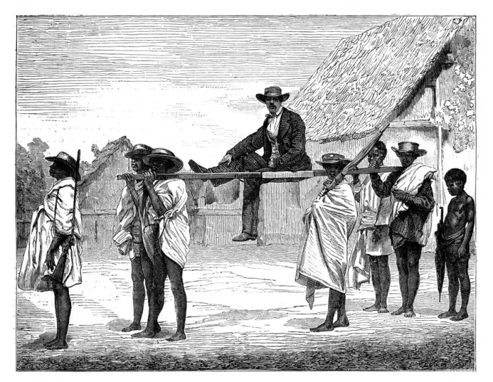 Framed Print : African natives carrying a white man, Africa, 19th century. Artist: Gerome Staal Framed Print : African natives carrying a white man, Africa, 19th century. Artist: Gerome Staal