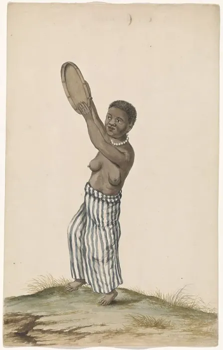 Framed Print : African woman with hand drum, c.1675-c.1725. Creator: Anon Framed Print : African woman with hand drum, c.1675-c.1725. Creator: Anon