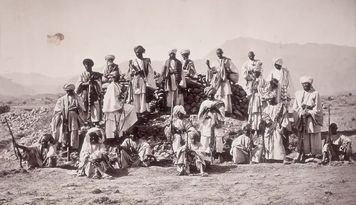 Framed Print : Afridi Picket near Jumrood, Khyber and Rotass in distance, c1879. Creator: John Burke Framed Print : Afridi Picket near Jumrood, Khyber and Rotass in distance, c1879. Creator: John Burke
