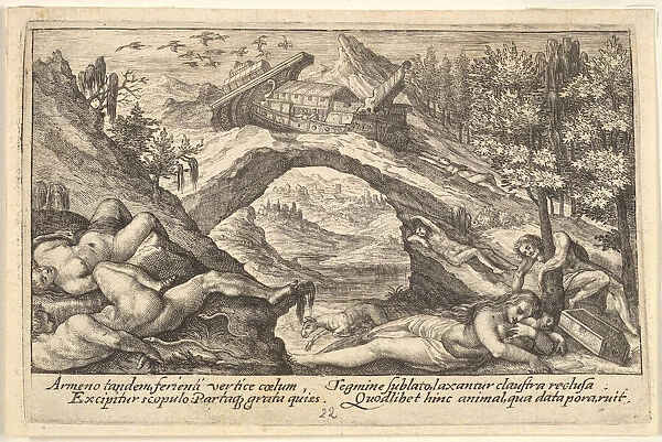 Aftermath of the Flood: human bodies strewn on dry land in the foreground