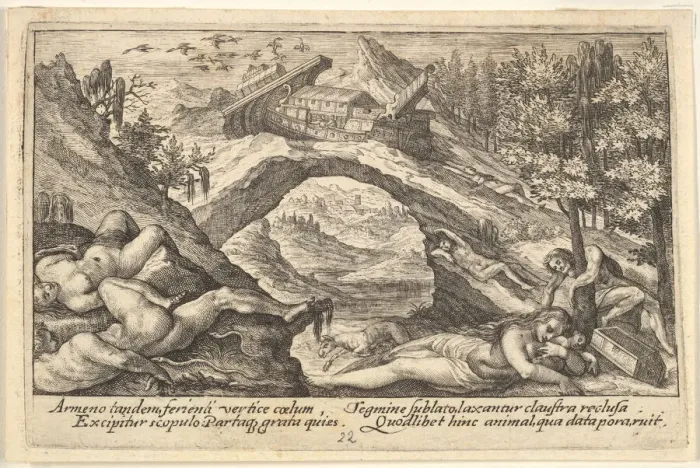 Framed Print : Aftermath of the Flood: human bodies strewn on dry land in the foreground Framed Print : Aftermath of the Flood: human bodies strewn on dry land in the foreground