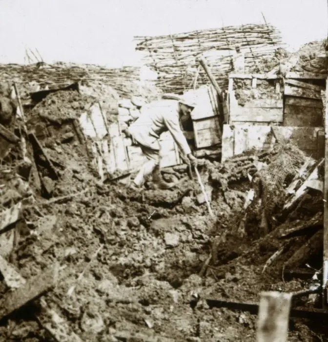 Framed Print : Aftermath of a shell, a soldier in the crater, c1914-c1918 Framed Print : Aftermath of a shell, a soldier in the crater, c1914-c1918