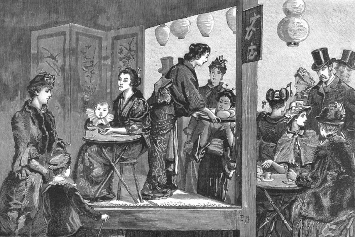 Framed Print : Afternoon Tea at the Japanese Village, Knightsbridge, 1886. Creator: Unknown Framed Print : Afternoon Tea at the Japanese Village, Knightsbridge, 1886. Creator: Unknown