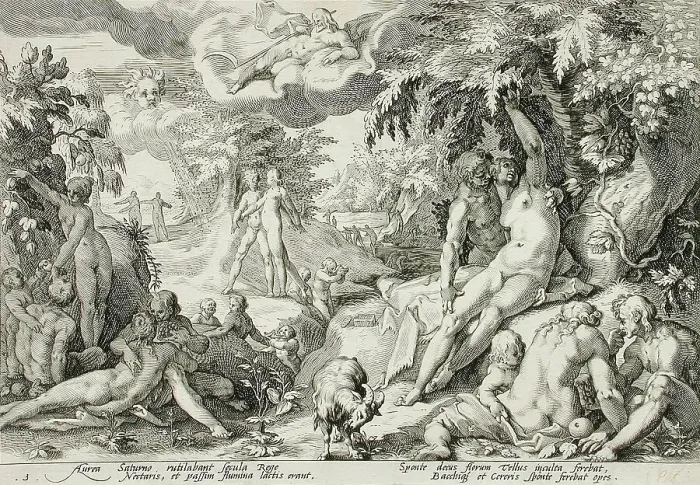 Framed Print : The Age of Gold, published 1589. Creator: Hendrik Goltzius Framed Print : The Age of Gold, published 1589. Creator: Hendrik Goltzius
