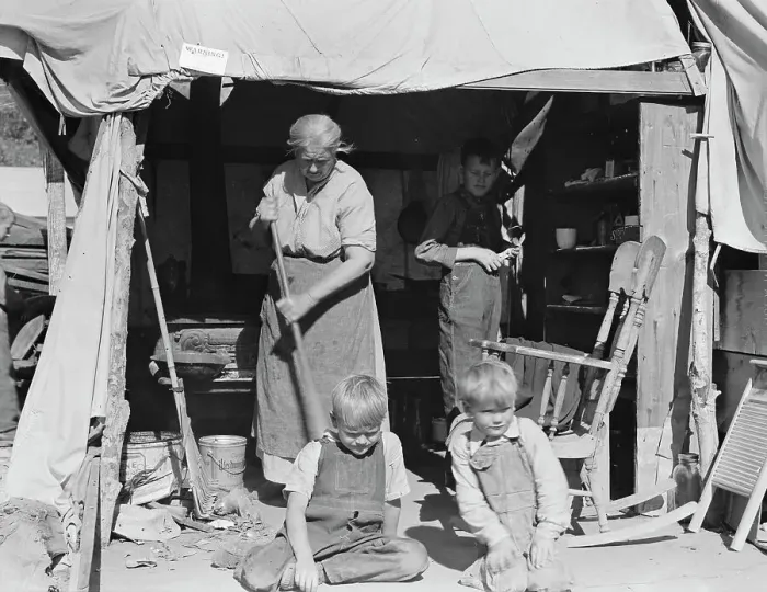 Framed Print : Aged woman with three of her twenty-two grandchildren, Kern county migrant camp, California, 1936. Creator: Dorothea Lange Framed Print : Aged woman with three of her twenty-two grandchildren, Kern county migrant camp, California, 1936. Creator: Dorothea Lange