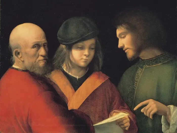 Framed Print : The Three Ages of Man (Reading a Song), c. 1501. Artist: Giorgione (1476-1510)