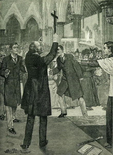 The Agitation Against Ritualism: Mr. Kensit's Violent Protest in a West End Church, c1900. Creator: Arthur Herbert Buckland