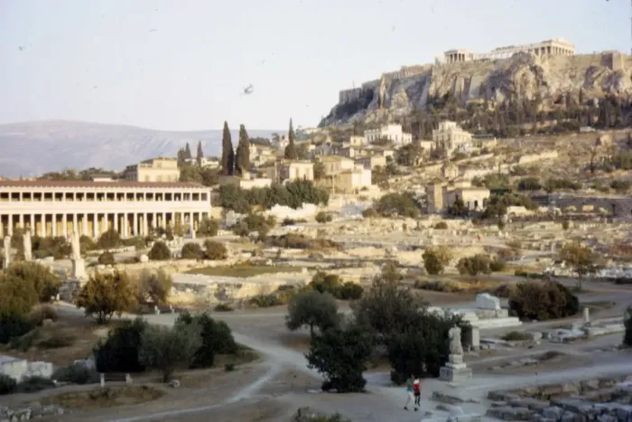 Framed Print : Agora, Stoa of Attalos and Acropolis, Athens, Evening, c20th century Framed Print : Agora, Stoa of Attalos and Acropolis, Athens, Evening, c20th century