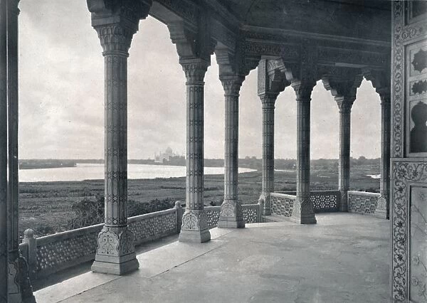 Agra. Balcony of the Jasmine Tower, showing the Taj, c1910. Creator: Unknown