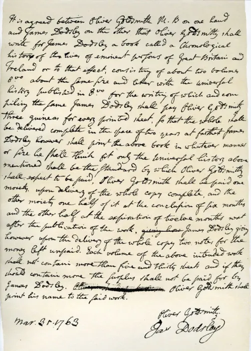 Framed Print : Agreement by Oliver Goldsmith to write for James Dodsley, 31st March 1763. Artist: Oliver Goldsmith Framed Print : Agreement by Oliver Goldsmith to write for James Dodsley, 31st March 1763. Artist: Oliver Goldsmith