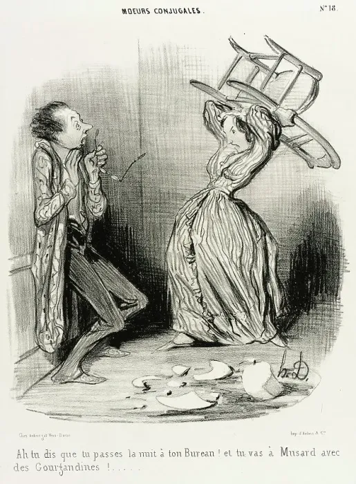 Framed Print : Ah! tu dis que tu passes la nuit à ton bureau... 1840. Creator: Honore Daumier Framed Print : Ah! tu dis que tu passes la nuit à ton bureau... 1840. Creator: Honore Daumier