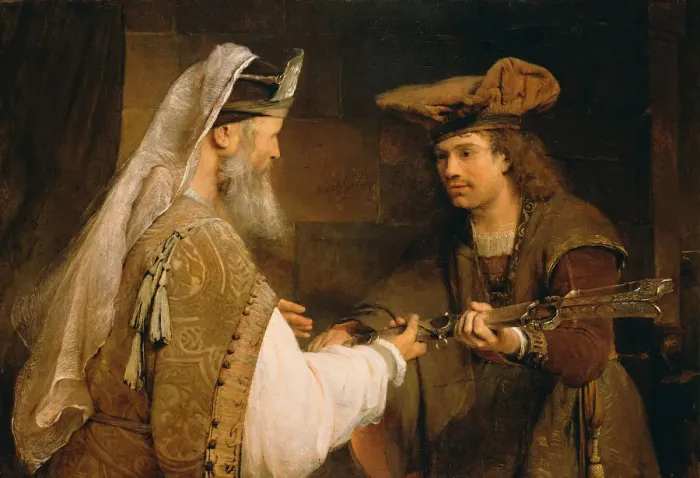 Framed Print : Ahimelech giving the sword of Goliath to David, 1680s. Artist: Gelder, Aert de (1645-1727) Framed Print : Ahimelech giving the sword of Goliath to David, 1680s. Artist: Gelder, Aert de (1645-1727)