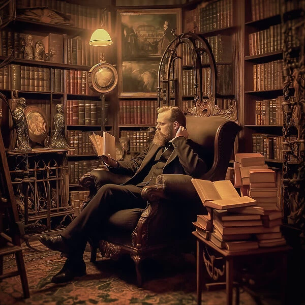 AI IMAGE - Bram Stoker reading in a Victorian library, 1890s, (2023). Creator: Heritage Images