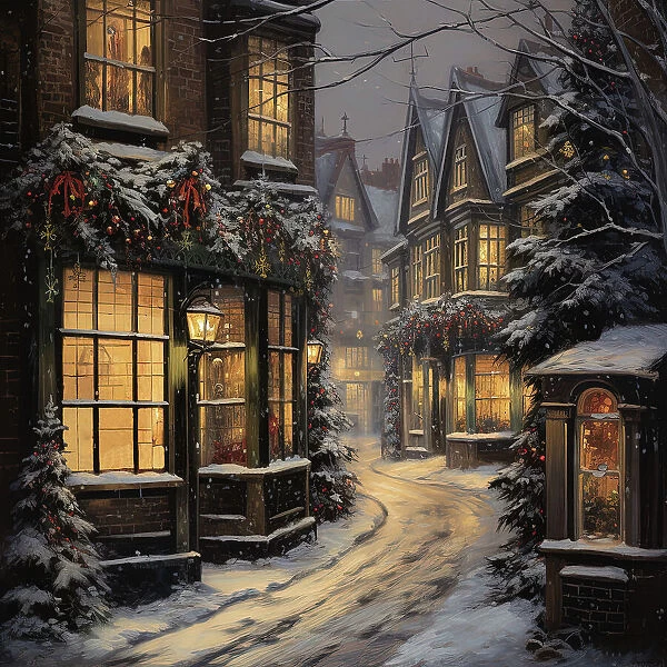 AI Image - Illustration of a Dickensian Christmas street scene, 2023. Creator: Heritage Images