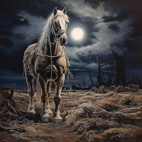 AI IMAGE - Illustration of a horse in a World War 1 battlefield setting, 2023. Creator: Heritage Images