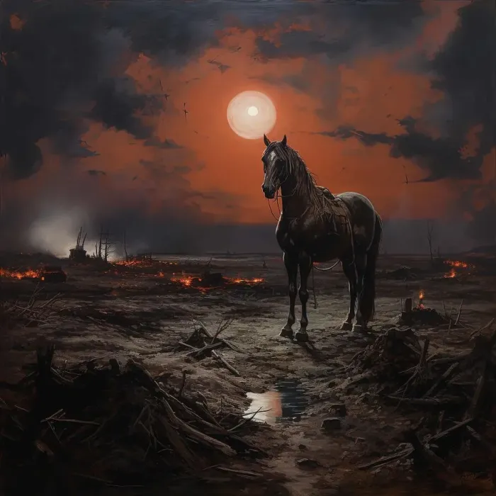 Framed Print : AI IMAGE - Illustration of a horse in a World War I battlefield setting, 2023. Creator: Heritage Images Framed Print : AI IMAGE - Illustration of a horse in a World War I battlefield setting, 2023. Creator: Heritage Images