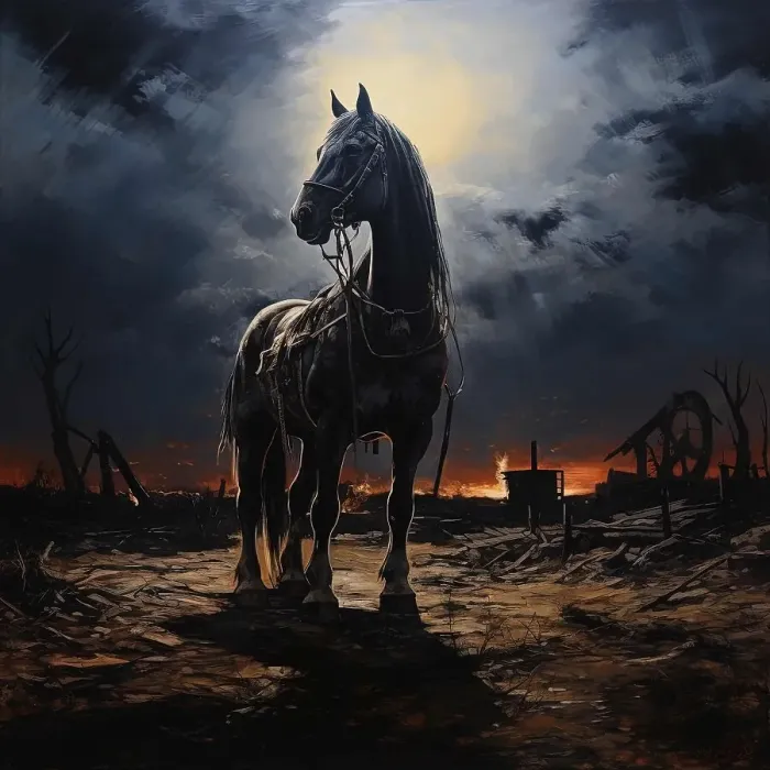 Framed Print : AI IMAGE - Illustration of a horse in a World War I battlefield setting, 2023. Creator: Heritage Images Framed Print : AI IMAGE - Illustration of a horse in a World War I battlefield setting, 2023. Creator: Heritage Images