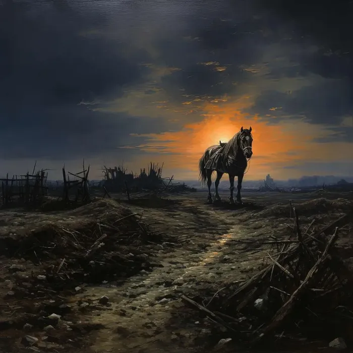 Framed Print : AI IMAGE - Illustration of a horse in a World War I battlefield setting, 2023. Creator: Heritage Images Framed Print : AI IMAGE - Illustration of a horse in a World War I battlefield setting, 2023. Creator: Heritage Images