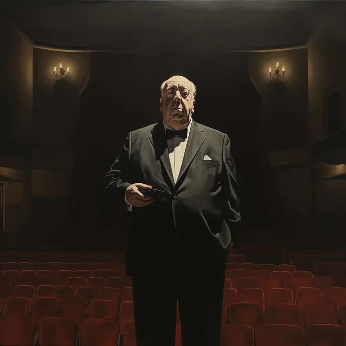 Framed Print : AI IMAGE - Portrait of Alfred Hitchcock in the cinema, 1970s, (2023). Creator: Heritage Images Framed Print : AI IMAGE - Portrait of Alfred Hitchcock in the cinema, 1970s, (2023). Creator: Heritage Images