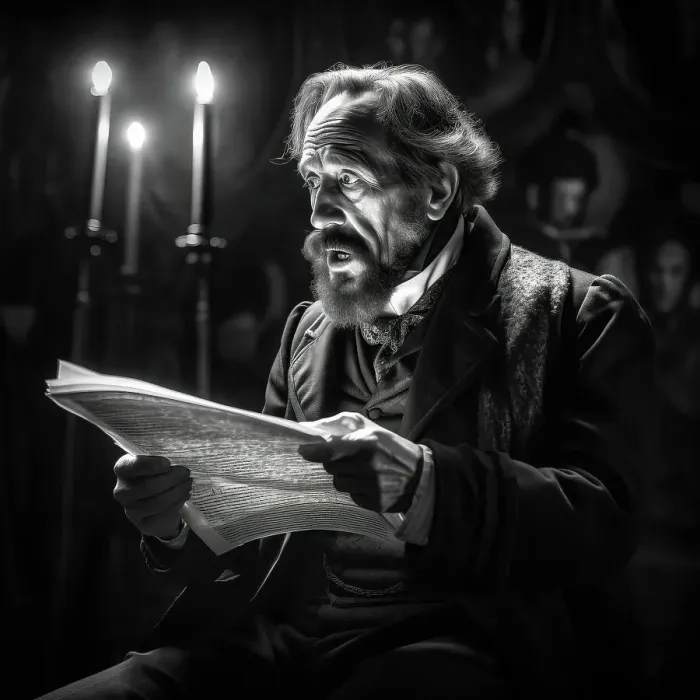Framed Print : AI IMAGE - Portrait of Charles Dickens performing a public reading, c1860s, (2023). Creator: Heritage Images Framed Print : AI IMAGE - Portrait of Charles Dickens performing a public reading, c1860s, (2023). Creator: Heritage Images