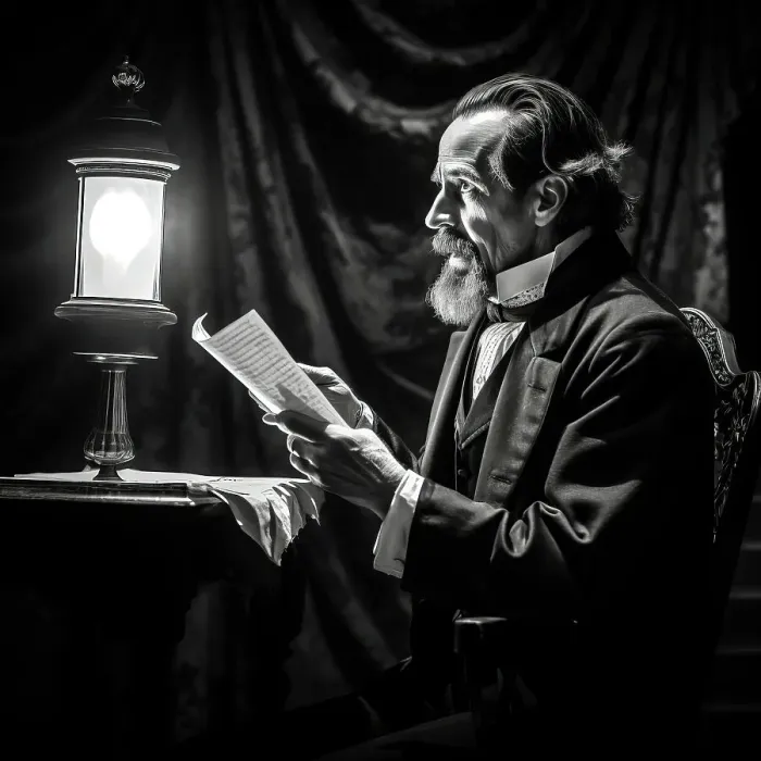 Framed Print : AI IMAGE - Portrait of Charles Dickens performing a public reading, c1860s, (2023). Creator: Heritage Images Framed Print : AI IMAGE - Portrait of Charles Dickens performing a public reading, c1860s, (2023). Creator: Heritage Images