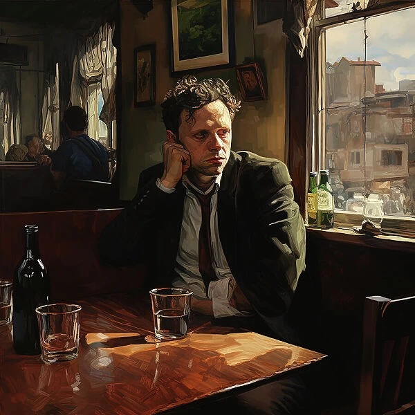 AI IMAGE - Portrait of Dylan Thomas sitting in a pub, 1950s, (2023). Creator: Heritage Images