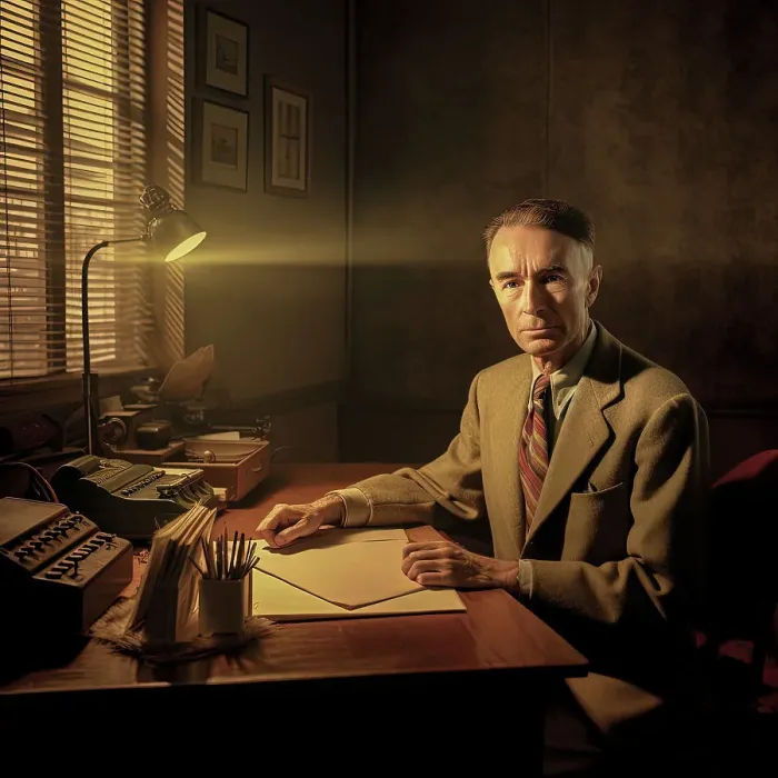 Framed Print : AI IMAGE - Portrait of J. Robert Oppenheimer, 1950s, (2023). Creator: Heritage Images Framed Print : AI IMAGE - Portrait of J. Robert Oppenheimer, 1950s, (2023). Creator: Heritage Images