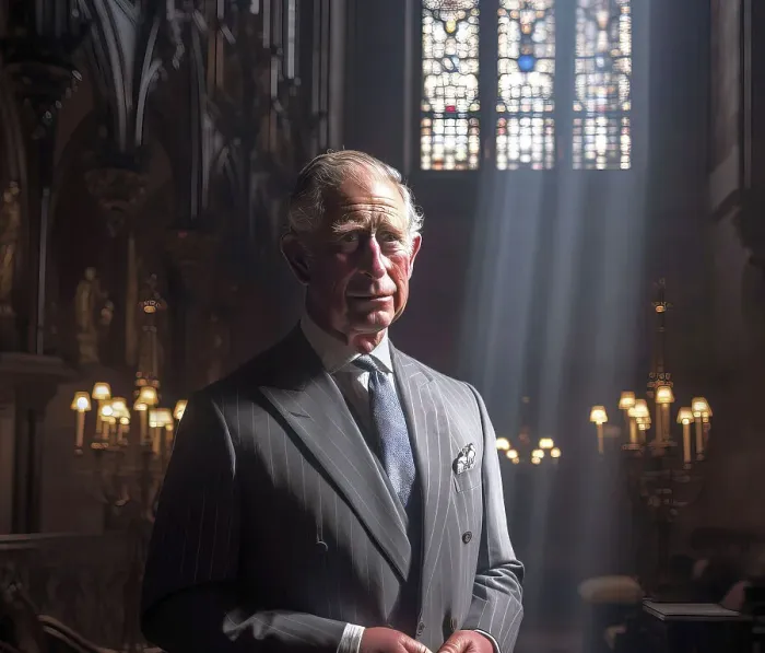 Framed Print : AI IMAGE - Portrait of King Charles III inside a church, 2023. Creator: Heritage Images Framed Print : AI IMAGE - Portrait of King Charles III inside a church, 2023. Creator: Heritage Images