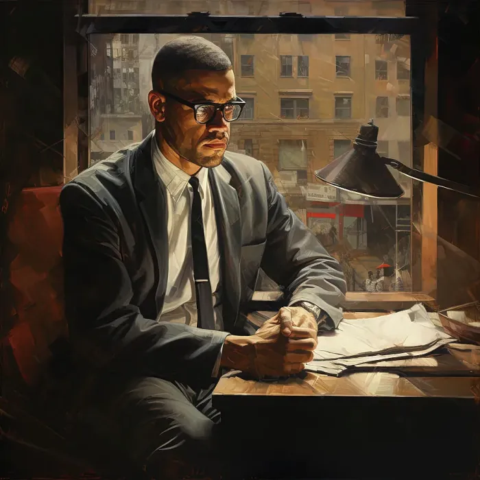 Framed Print : AI IMAGE - Portrait of Malcolm X, 1960s, (2023). Creator: Heritage Images Framed Print : AI IMAGE - Portrait of Malcolm X, 1960s, (2023). Creator: Heritage Images
