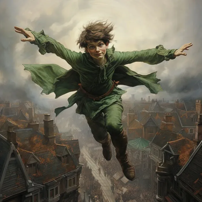 Framed Print : AI IMAGE - Portrait of Peter Pan flying over houses, 2023. Creator: Heritage Images Framed Print : AI IMAGE - Portrait of Peter Pan flying over houses, 2023. Creator: Heritage Images