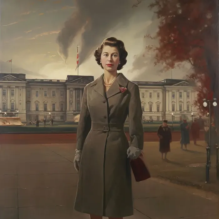 Framed Print : AI IMAGE - Portrait of Princess Elizabeth in front of Buckingham Palace, 1950s, (2023). Creator: Heritage Images Framed Print : AI IMAGE - Portrait of Princess Elizabeth in front of Buckingham Palace, 1950s, (2023). Creator: Heritage Images