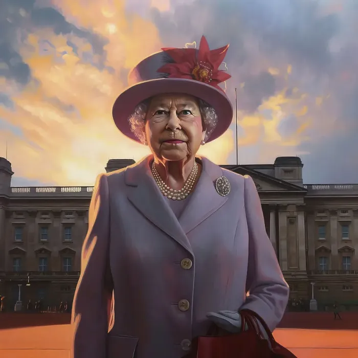 Framed Print : AI IMAGE - Portrait of Queen Elizabeth II in front of Buckingham Palace, 2000s, (2023). Creator: Heritage Images Framed Print : AI IMAGE - Portrait of Queen Elizabeth II in front of Buckingham Palace, 2000s, (2023). Creator: Heritage Images