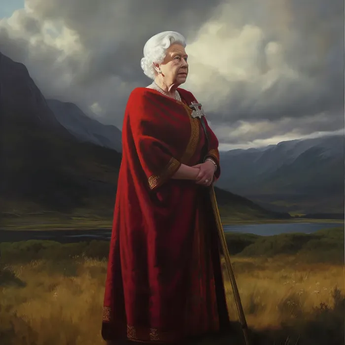 Framed Print : AI IMAGE - Portrait of Queen Elizabeth II in a Highland setting, 2000s, (2023). Creator: Heritage Images Framed Print : AI IMAGE - Portrait of Queen Elizabeth II in a Highland setting, 2000s, (2023). Creator: Heritage Images