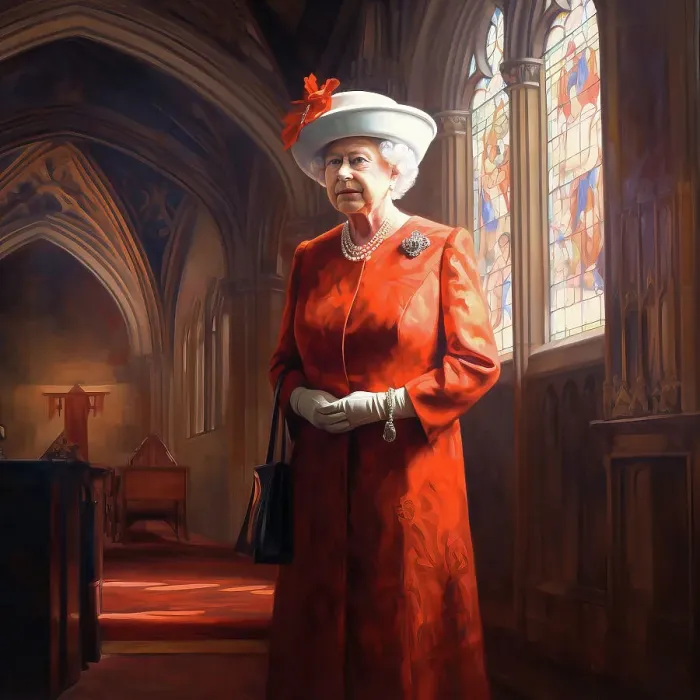 Framed Print : AI IMAGE - Portrait of Queen Elizabeth II inside a church, 2000s, (2023). Creator: Heritage Images Framed Print : AI IMAGE - Portrait of Queen Elizabeth II inside a church, 2000s, (2023). Creator: Heritage Images