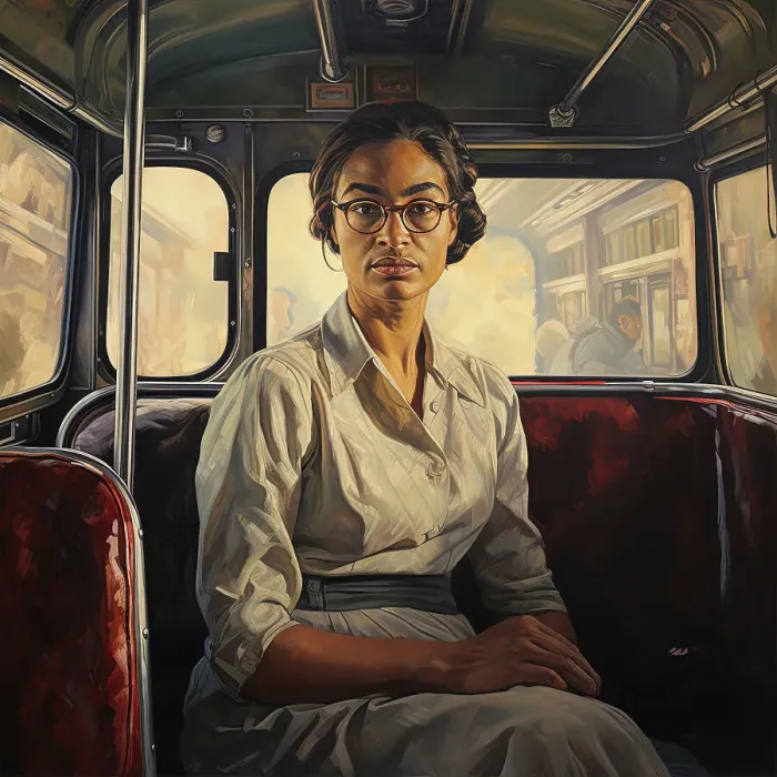 Framed Print : AI IMAGE - Portrait of Rosa Parks sitting on a bus, 1950s, (2023). Creator: Heritage Images Framed Print : AI IMAGE - Portrait of Rosa Parks sitting on a bus, 1950s, (2023). Creator: Heritage Images