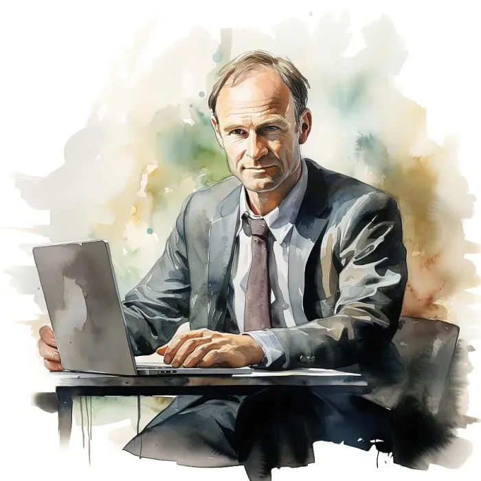 Framed Print : AI IMAGE - Portrait of Tim Berners-Lee sitting with a laptop, 2010s, (2023). Creator: Heritage Images Framed Print : AI IMAGE - Portrait of Tim Berners-Lee sitting with a laptop, 2010s, (2023). Creator: Heritage Images