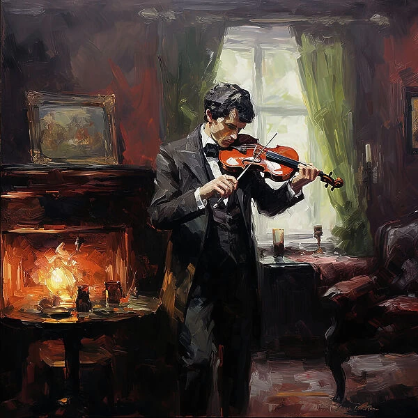 AI IMAGE - Sherlock Holmes playing the violin in his rooms at 221B Baker Street, 2023. Creator: Heritage Images
