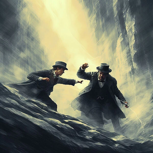 AI IMAGE - Sherlock Holmes and Professor Moriarty fighting on the Reichenbach Falls, 2023. Creator: Heritage Images