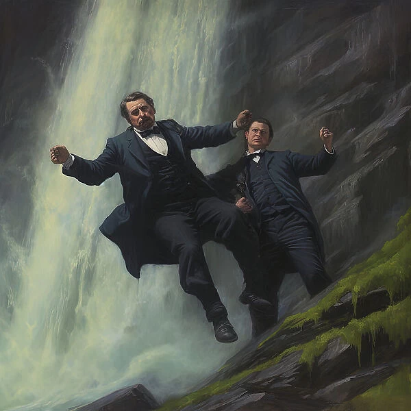AI IMAGE - Sherlock Holmes and Professor Moriarty fighting on the Reichenbach Falls, 2023. Creator: Heritage Images