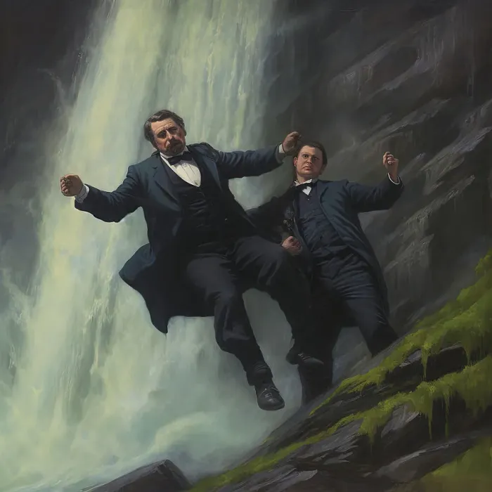 Framed Print : AI IMAGE - Sherlock Holmes and Professor Moriarty fighting on the Reichenbach Falls, 2023. Creator: Heritage Images Framed Print : AI IMAGE - Sherlock Holmes and Professor Moriarty fighting on the Reichenbach Falls, 2023. Creator: Heritage Images