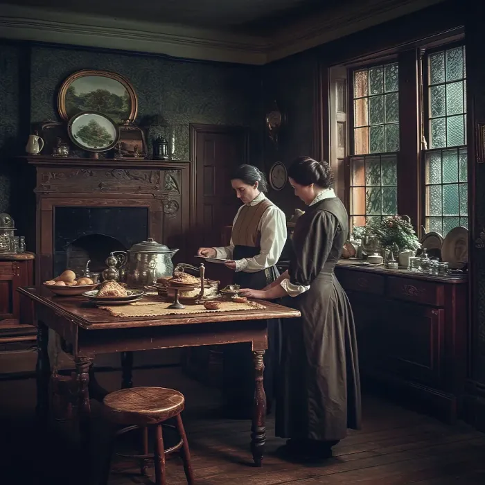 Framed Print : AI IMAGE - Victorian period kitchen with housekeeper and maid, 2023. Creator: Heritage Images Framed Print : AI IMAGE - Victorian period kitchen with housekeeper and maid, 2023. Creator: Heritage Images