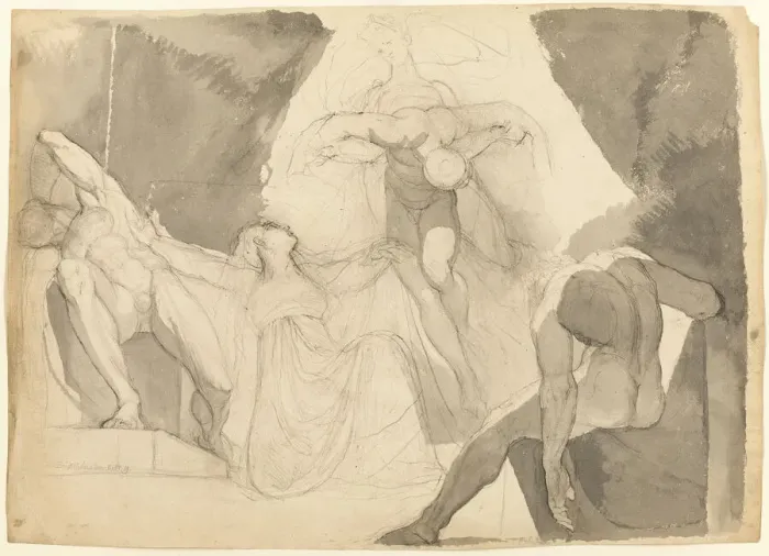 Framed Print : Aided by Eeriboia, Hermes Carries Off the Exhausted Ares from the Sleeping Sons... 1819. Creator: Henry Fuseli Framed Print : Aided by Eeriboia, Hermes Carries Off the Exhausted Ares from the Sleeping Sons... 1819. Creator: Henry Fuseli