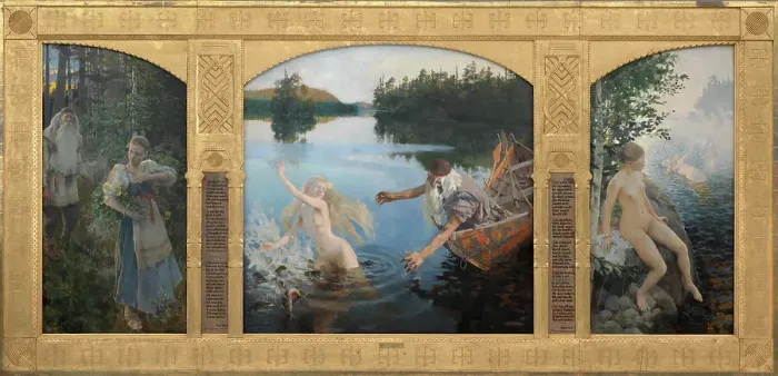 Framed Print : Aino Myth, triptych, 1891. Creator: Akseli Gallen-Kallela Framed Print : Aino Myth, triptych, 1891. Creator: Akseli Gallen-Kallela