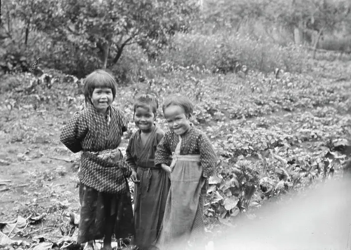 Framed Print : Three Ainu children standing in a garden, 1908. Creator: Arnold Genthe Framed Print : Three Ainu children standing in a garden, 1908. Creator: Arnold Genthe