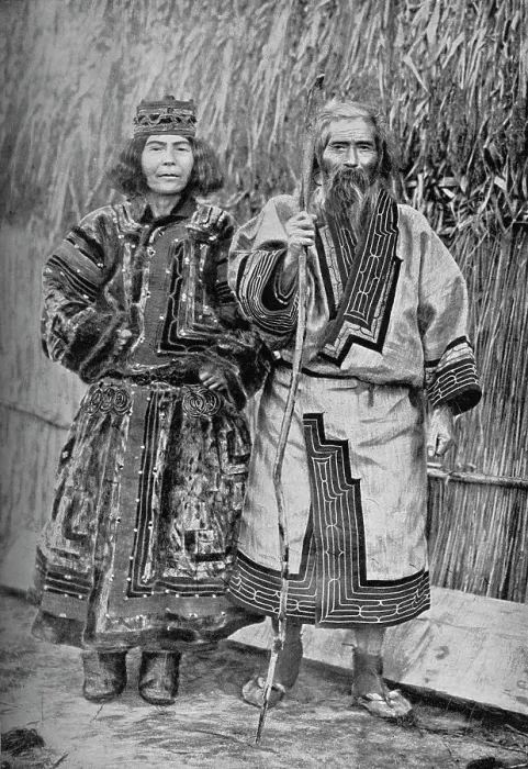 Framed Print : An Ainu and his wife, Japan, 1902. Artist: Kajima & Suwo Framed Print : An Ainu and his wife, Japan, 1902. Artist: Kajima & Suwo