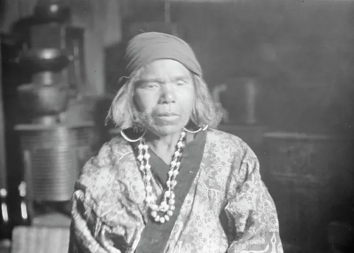 Framed Print : Ainu woman wearing a headscarf, earrings, and a necklace, 1908. Creator: Arnold Genthe Framed Print : Ainu woman wearing a headscarf, earrings, and a necklace, 1908. Creator: Arnold Genthe