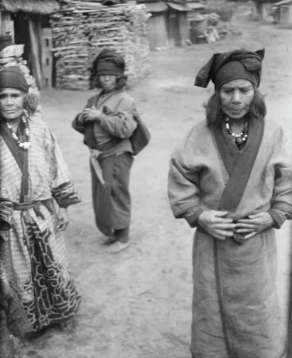 Framed Print : Three Ainu women outside in the village lane, 1908. Creator: Arnold Genthe Framed Print : Three Ainu women outside in the village lane, 1908. Creator: Arnold Genthe