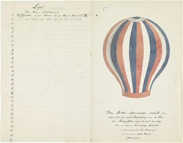 Framed Print : Air balloon and list of subscribers, 1700-1800. Creator: Anon Framed Print : Air balloon and list of subscribers, 1700-1800. Creator: Anon