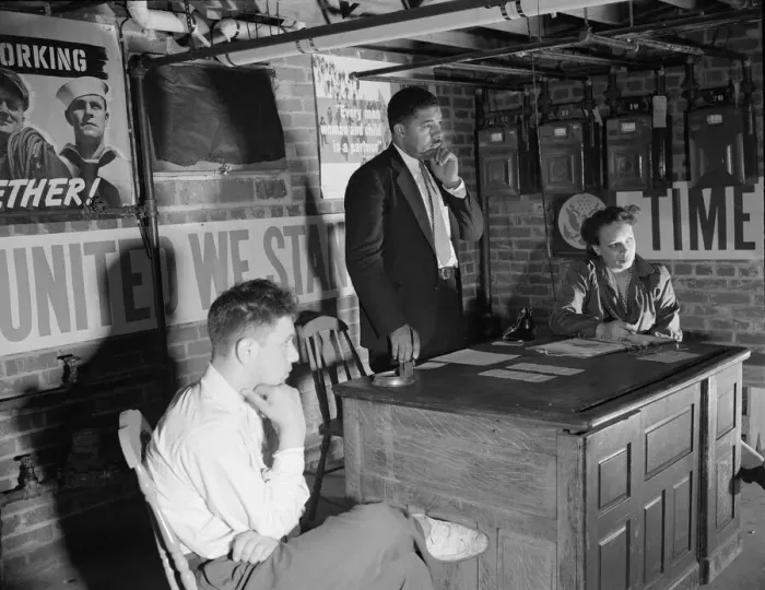 Framed Print : Air raid wardens meeting in zone nine, Southwest area, Washington, D. C, 1942. Creator: Gordon Parks Framed Print : Air raid wardens meeting in zone nine, Southwest area, Washington, D. C, 1942. Creator: Gordon Parks