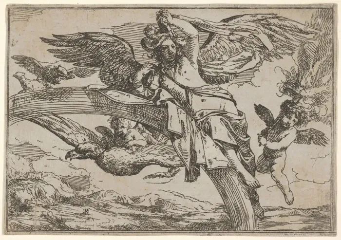 Framed Print : Air, represented by Iris reclining on her rainbow, accompanied by a winged putto bearin Framed Print : Air, represented by Iris reclining on her rainbow, accompanied by a winged putto bearin